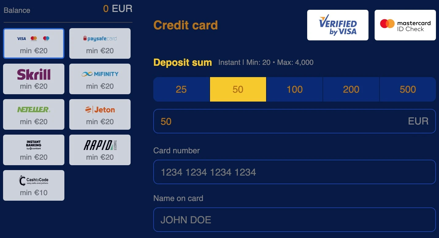 Kakadu Casino deposit interface with amount and payment method controls