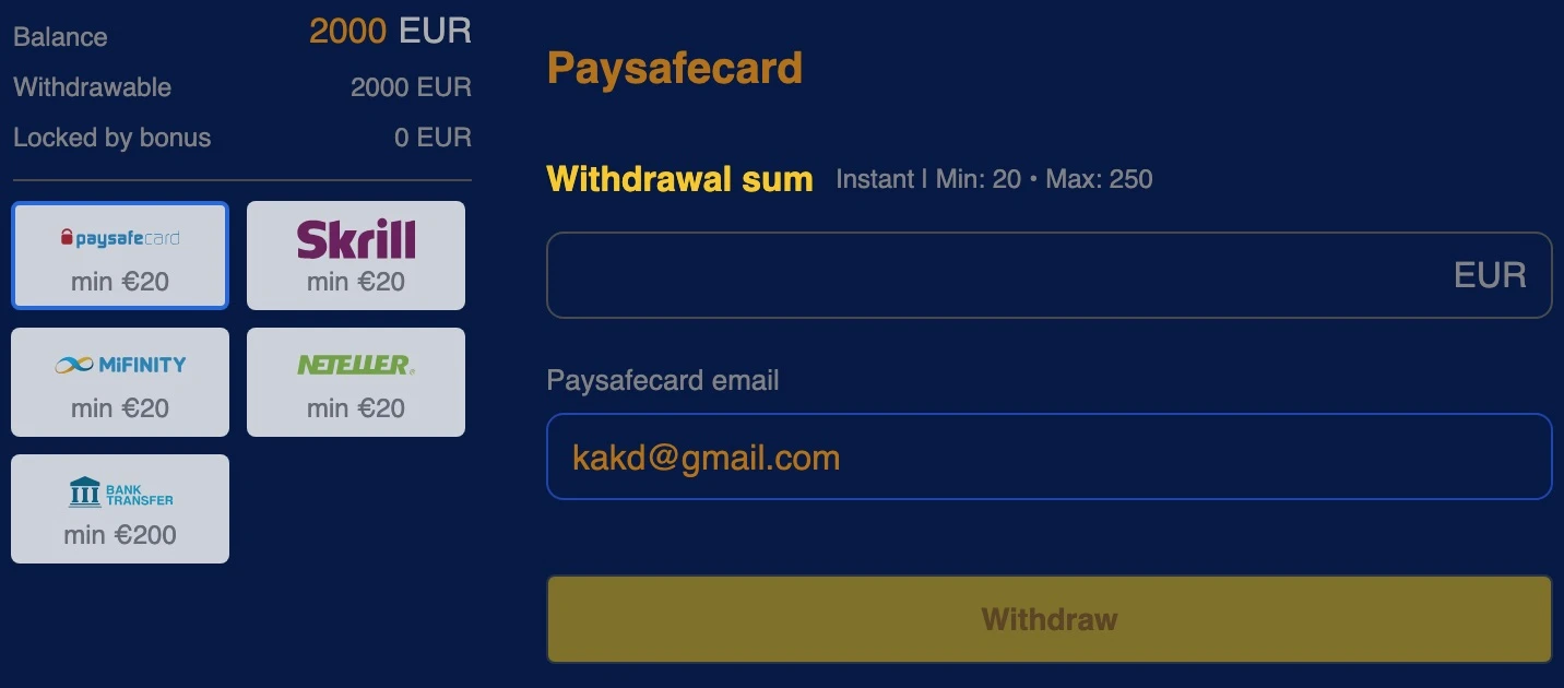 Kakadu Casino withdrawal interface with payout controls