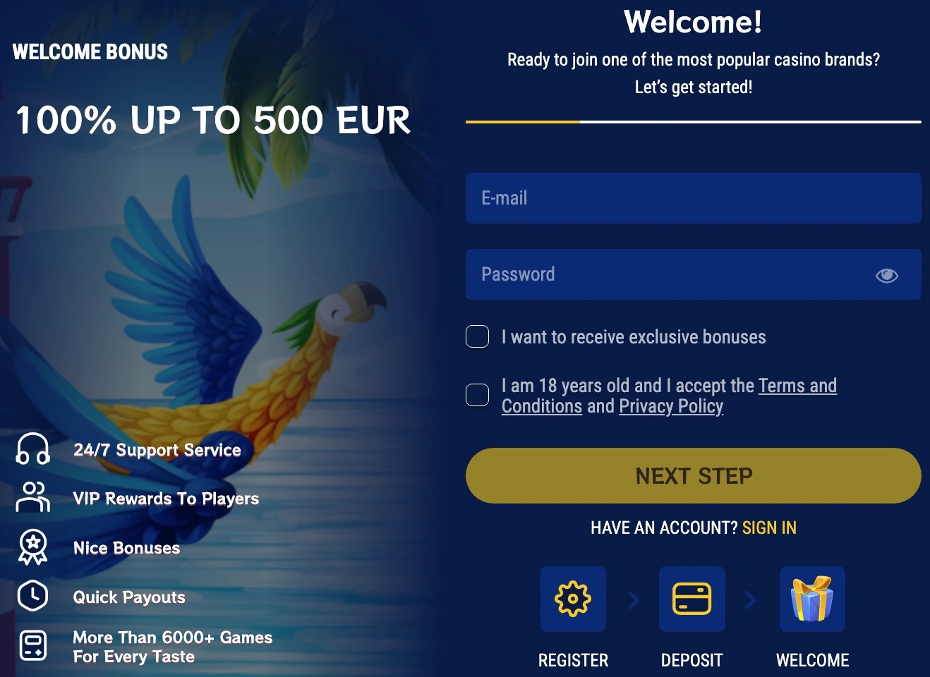 Kakadu Casino registration form showing account and personal detail fields